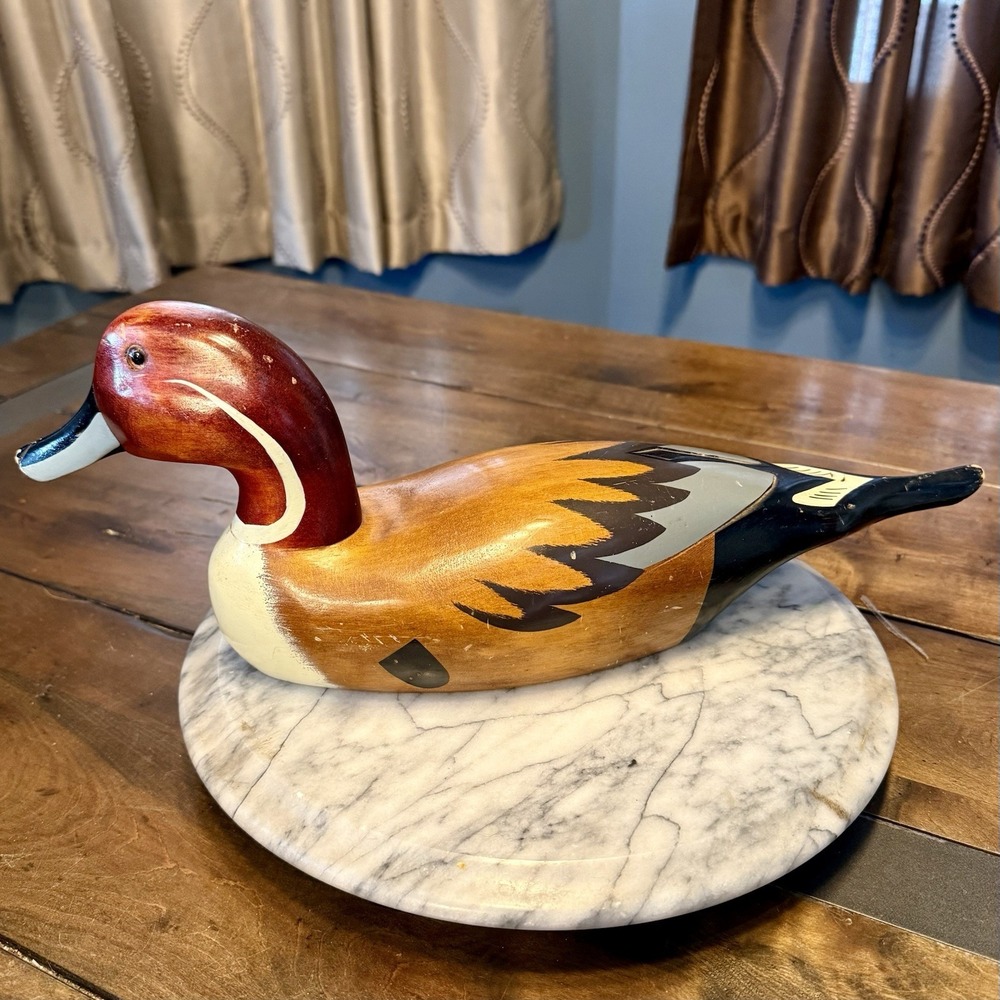 VTG Solid Wooden Hand Carved & Painted Wood Wooden‎ Duck Decoy Glass Eye 5.5x16"